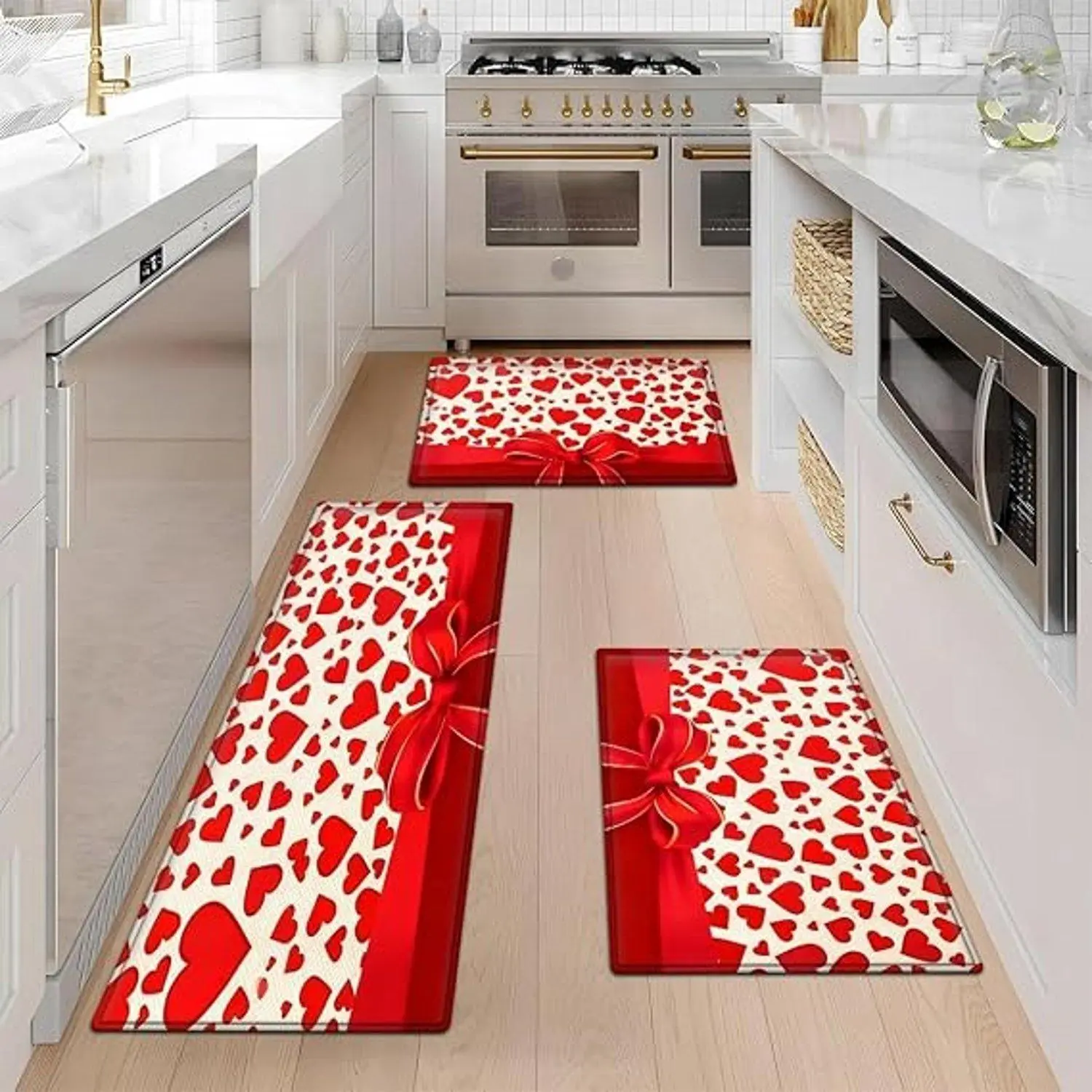 Classic Durable Multi-Size Single Flannel Kitchen Doormat, Red Heart Print, Bow Decor, Single Mat