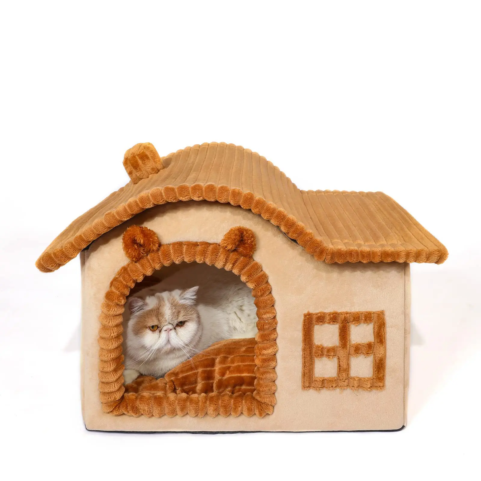 Bear Cat House for Cat, Chimney Cat House for Indoor Cats, Enough Interior Space, Pet Animal House for 3-15 lbs Large Cat and Puppy, Cartoon Cute Chimney Cat House