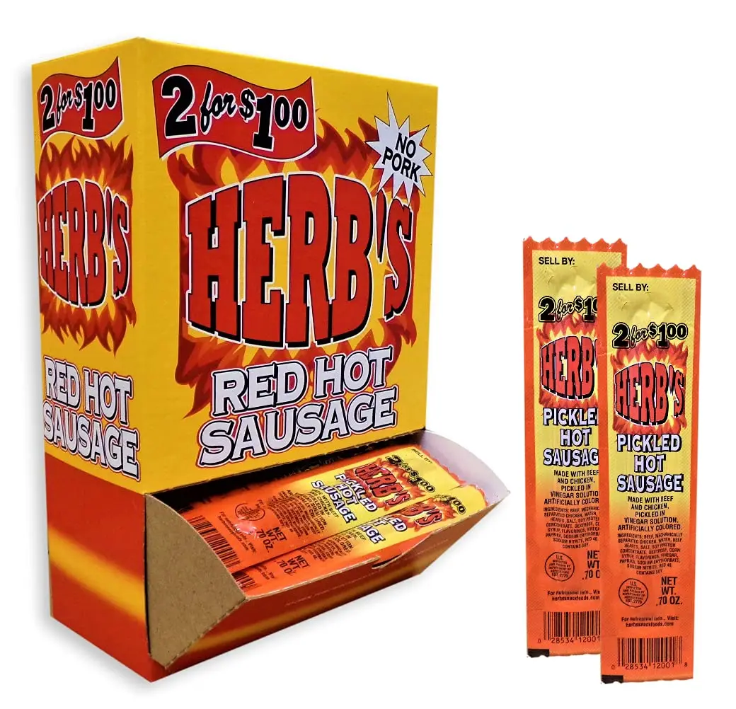 Herb’s Red Hot Pickled Sausage No Pork 50 ct Herb’s Red Hot Pickled Sausage No Pork 50 ct