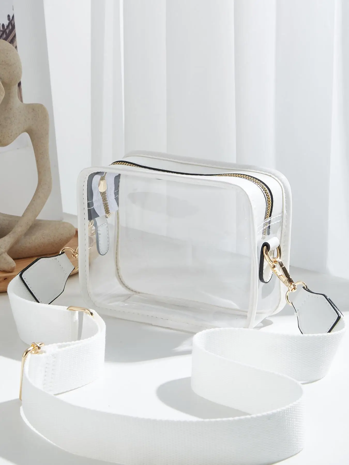 Women's Casual Transparent Crossbody Bag, Simple Plain PVC Zipper Shoulder Bag with Adjustable Wide Shoulder Strap, Trendy Small Square Bag for Festiv