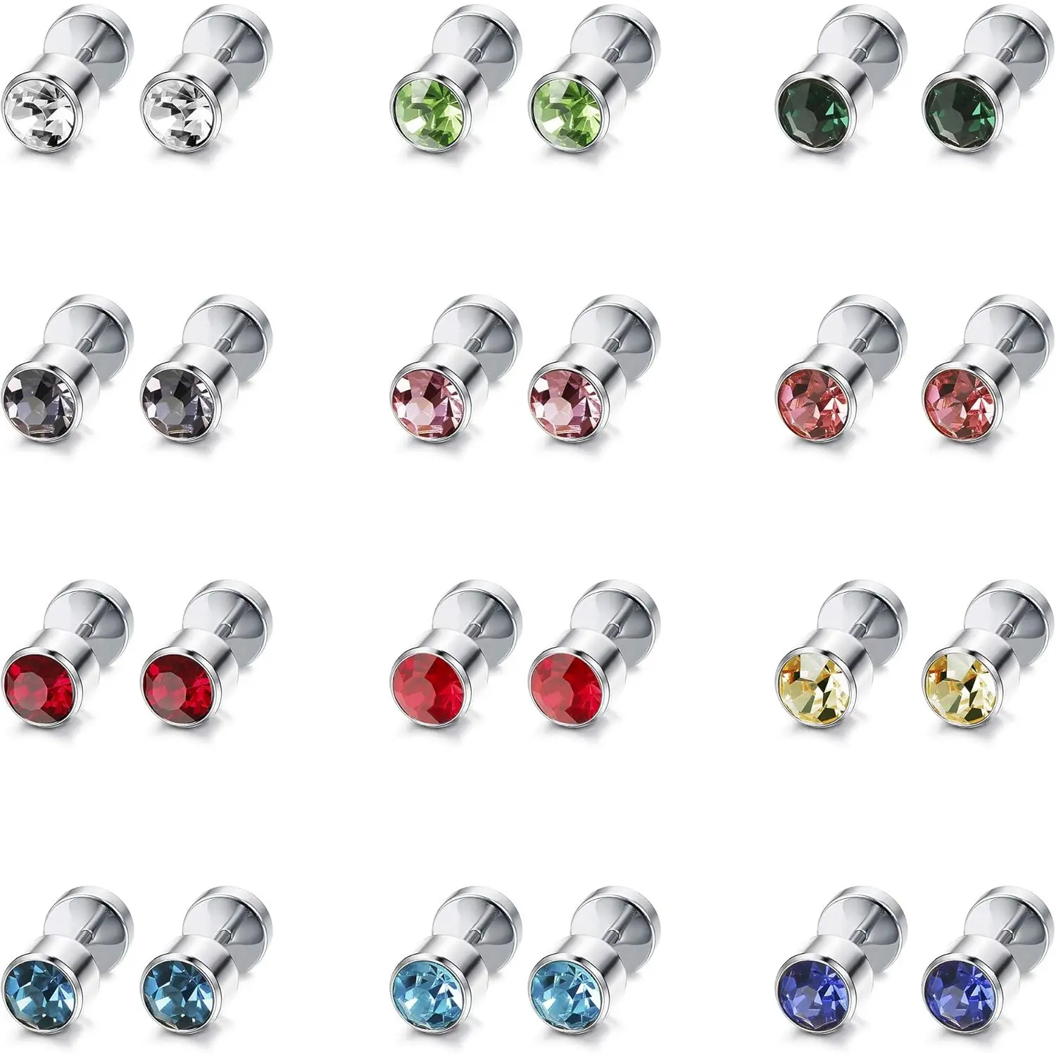 FINREZIO 12 Pairs Colorful Classic Stainless Steel Stud Earrings for Women Men Shining Cubic Zirconia Cartilage Stud Earring Jewelry Set Screw Back Earring Studs for Daily Wearing