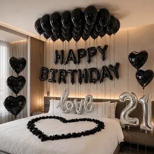 Black Birthday Balloon Decoration Kit, Romantic Birthday Room Decor Set with Happy Birthday Foil Balloons, Love Balloon, Heart Balloons, Rose Petals, Optional 40in Number Balloons for Party Surprise