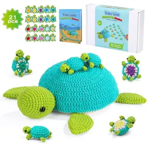 Crochet Kit for Beginners, 21 Pcs Turtles Family Crochet Animal Kit for Adults, Memory Matching Game, Crochet Start Kit with Step-by-Step Video Tutorials, Accessories, Craft Art
