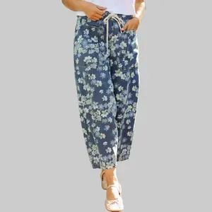 Sky Blue Dainty Floral Printed Drawstring Barrel Jeans - 50% Polyester 50% Cotton Loose Fit Denim with Front Pockets for Everyday Comfort