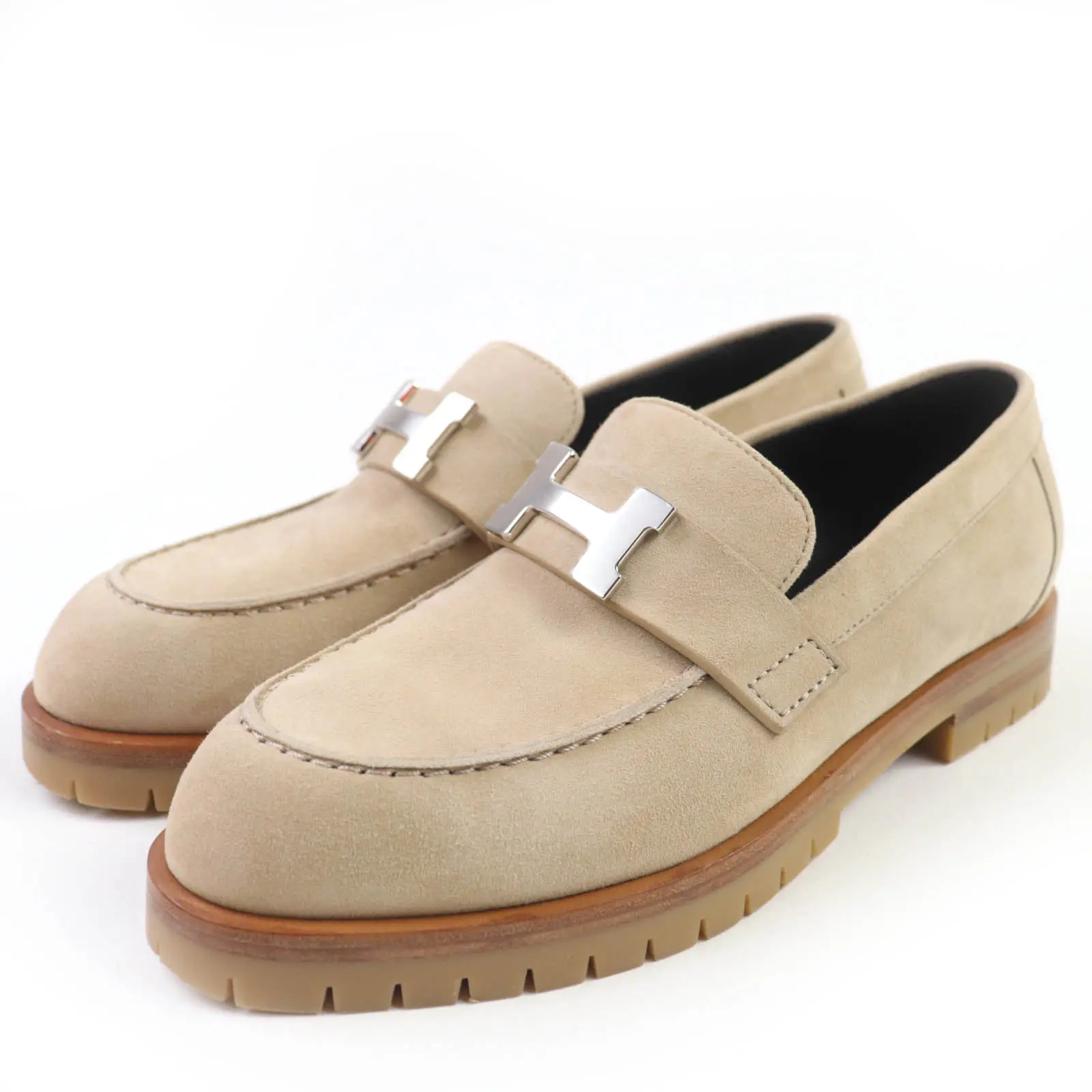 Pre-owned HERMÈS Suede Small Leather Goods Faubourg H logo Metal Loafers