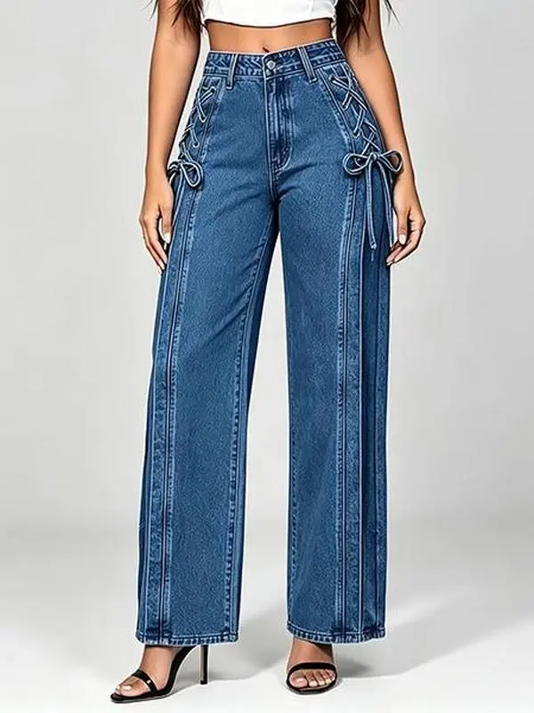 Y2K High Waisted Wide Leg Jeans for Women, Side Hip Lace Up Tie Straps Vertical Contrast Stitching with Functional Pockets, Relaxed Fit Grunge Streetwear Going Out Casual Daily Denim Trousers cow girl pant, vintage blue wash