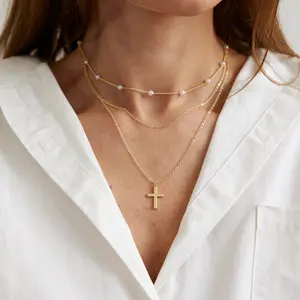 Elegant Y2K Summer Cross Necklace Set for Women - 3pcs Vintage Pendant Necklaces with Rhinestones & Waterproof Metal Coating - Fashion Jewelry for Daily Wear & Party Accessories