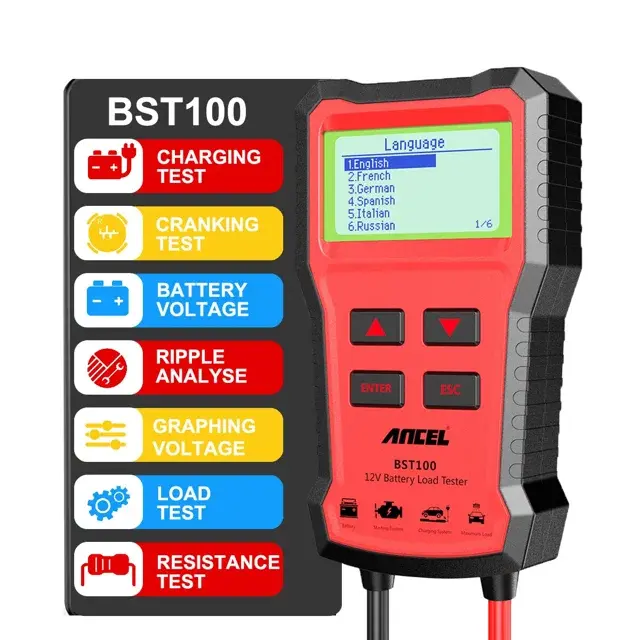 ANCEL BST100 12V Car Battery Tester - 100-2000CCA Voltage Analyzer, Charging Circuit Load Tester, Automotive Scanner Tool for Germany, Spanish, Russian, Italian, French Markets