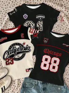 3-pack girls' casual T-shirts, Y2K sports print short-sleeved round-neck short tops, digital print, college-style trendy short-sleeved T-shirts with leopard print pattern, daily wear printed shirts, girls' clothing