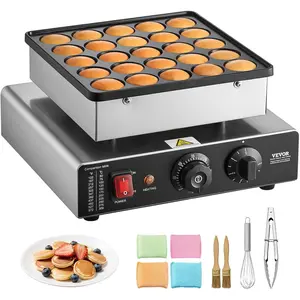 VEVOR Mini Pancake Maker, 25PCS 43mm Diameter Dutch Muffin Waffle Baker, Non-stick Stainless Steel Poffertjes Grill, Commercial Electric Dorayaki Machine, Temp & Time Control, Home Kitchen Restaurant
