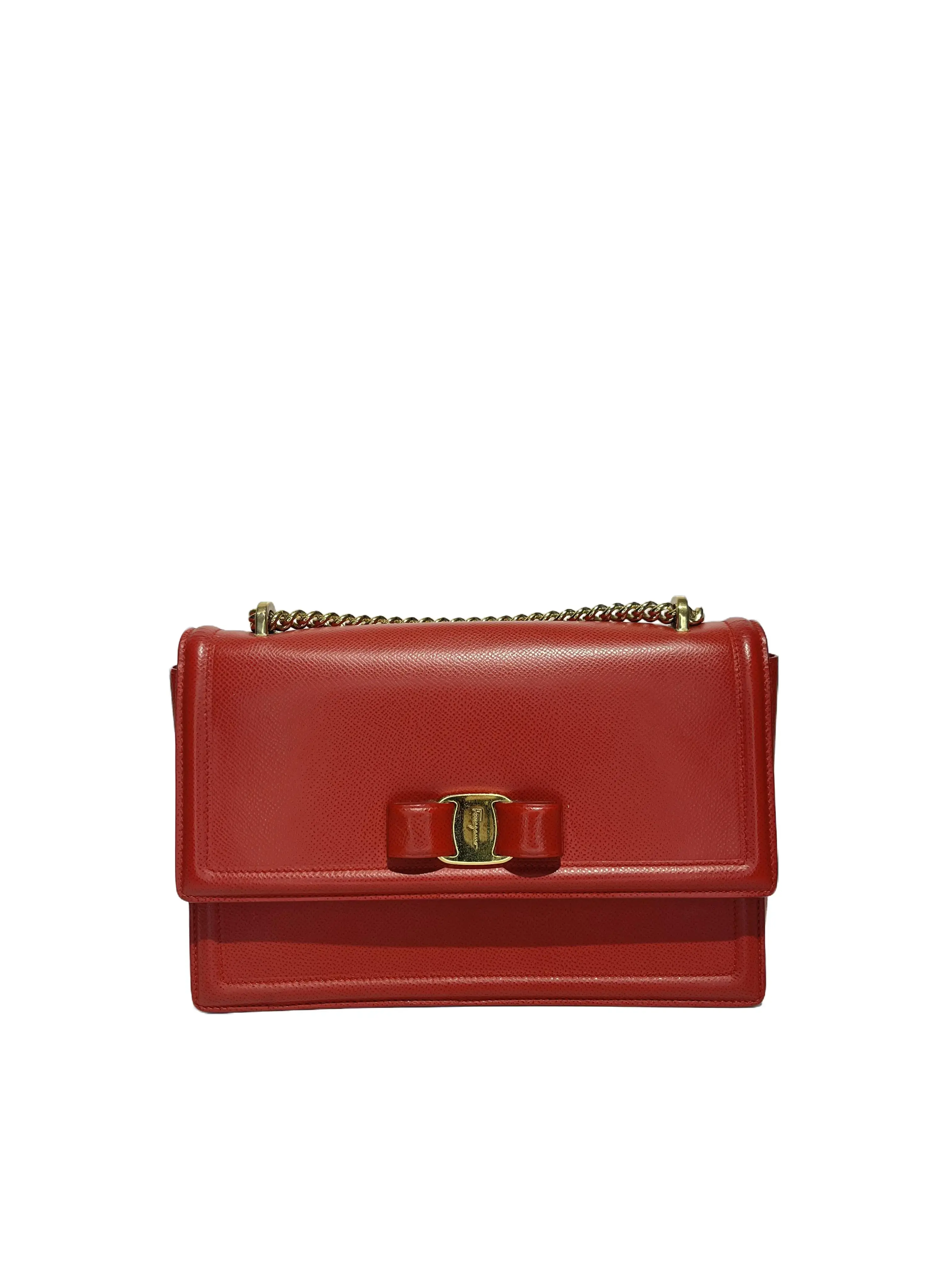 Pre-owned SALVATORE FERRAGAMO Vara Bow Saffiano Leather Chain Flap Shoulder Bag, Chic Crossbody Purse, Crossbody Fashion Bag, Luggage Accessory, Shoulder Bags