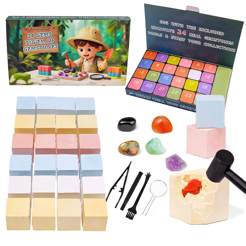 24-Day Countdown Advent Calendar with 24 Loose Natural Crystal Gemstones, Mining Selenite Rock Crystal Assortment, DIY Collectible