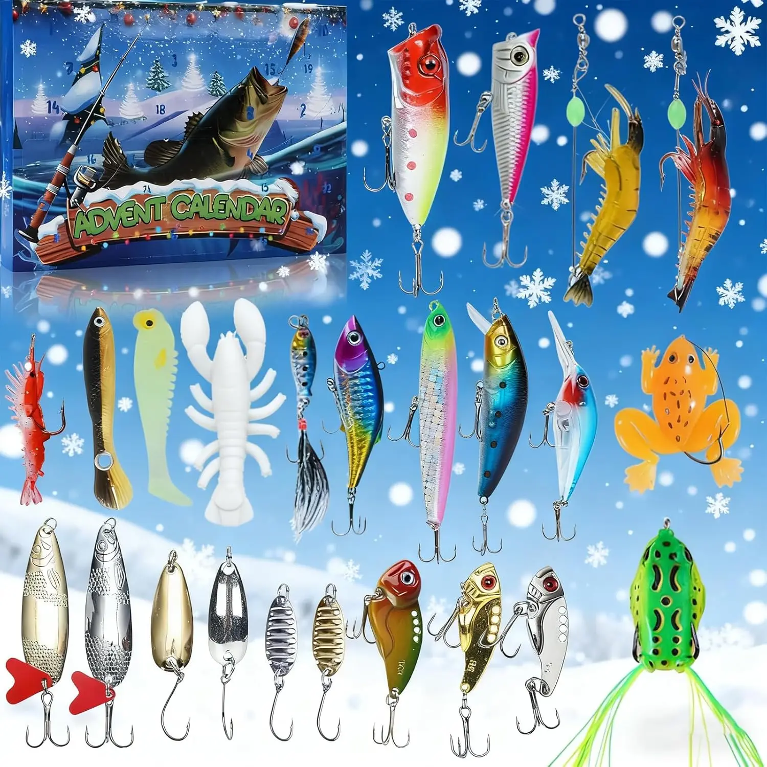 Fishing Advent Calendar 2025, 24 Days Christmas Countdown Fishing Lures Tackle Set, Xmas Surprise Fish Bait Gifts for Fishing Lover Adult Men Boy Teen Father Anglers Husband