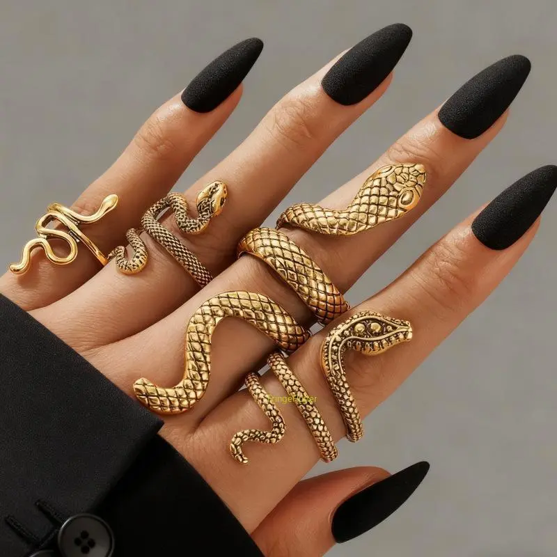 Female 4-Pcs Black Dark Gothic Geometric Snake Ring Set - Adjustable Open, Stackable Finger, Asymmetrical Irregular Metal Rings, Sports & Outdoor Protective Gear Accessory, Ideal Gift for Friends, Adjustable Open Ring