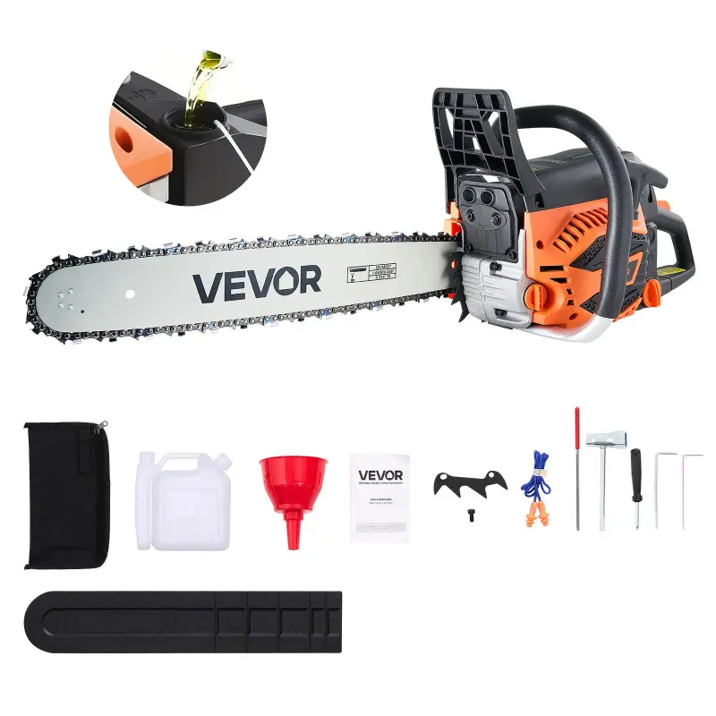 VEVOR 20-in 62 cc Gas Chainsaw, 3.8 HP Engine with Non-Slip Handle, Dual Tanks, Choke Switch, Start Switch, Emergency Stop, PA6 Composite, ADC Aluminum, Cold and Hot Start Options for Wood Cutting, Land Clearing