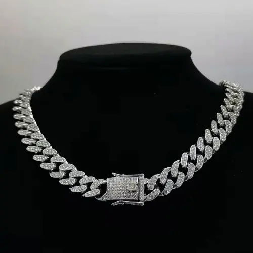 Cuban Chain Diamond Necklace Silver 70cm