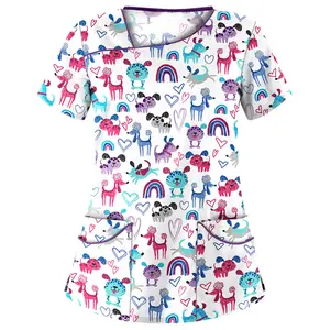 Women’s Fashion Printing Short Sleeve Nursing Worker Wear with Pocket
