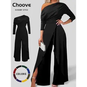 Plain Ruched Wrap Split Hem Jumpsuit for Women, Chic Fit Modern Elegant Wide Leg Jumpsuit for Dating Daily Wear, Overalls for Women, Ladies Clothes for All Seasons, Clothing, Womenswear, Jumpsuits for Women