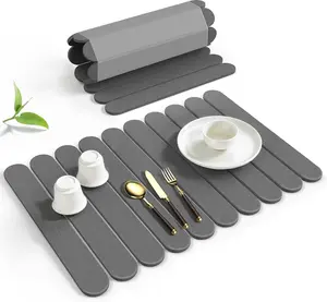 Large Stone Dish Drying Mat for Kitchen Counter, Quick Dry Diatomaceous Earth Stone Mat, Roll-Up Dish Mat for Dishes Bottles Cups, Super Absorbent & Non-Slip, 24"×16",Grey