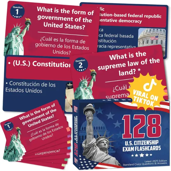 US Citizenship Flash Cards 2026 - 128 USCIS Civics Test Questions, Bilingual English-Spanish Study Guide for Citizenship Applicants