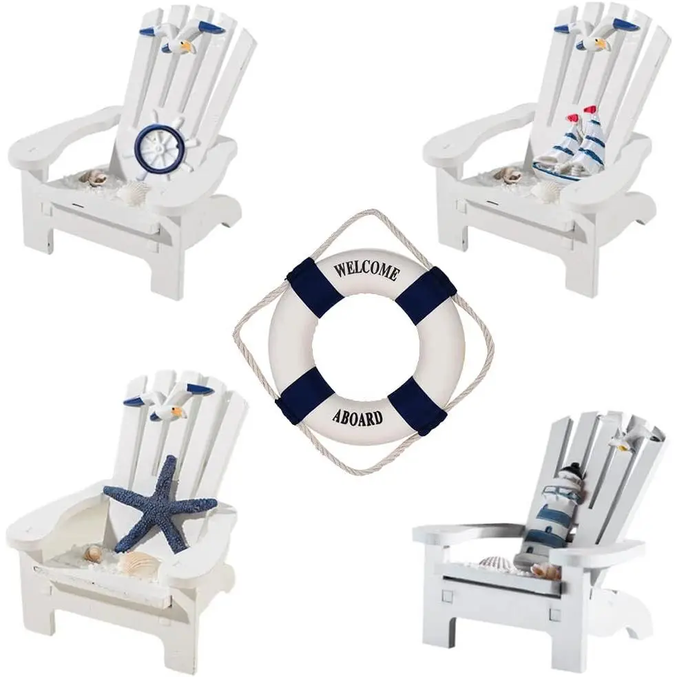 Decorative 4-Piece Wooden Adirondack Mini Chair Ornament Set - 1 x Life Ring Decor, Rudder Accents, Lightweight Coastal Home Decor - Housewarming Gift for Living Room, Beach Weddings