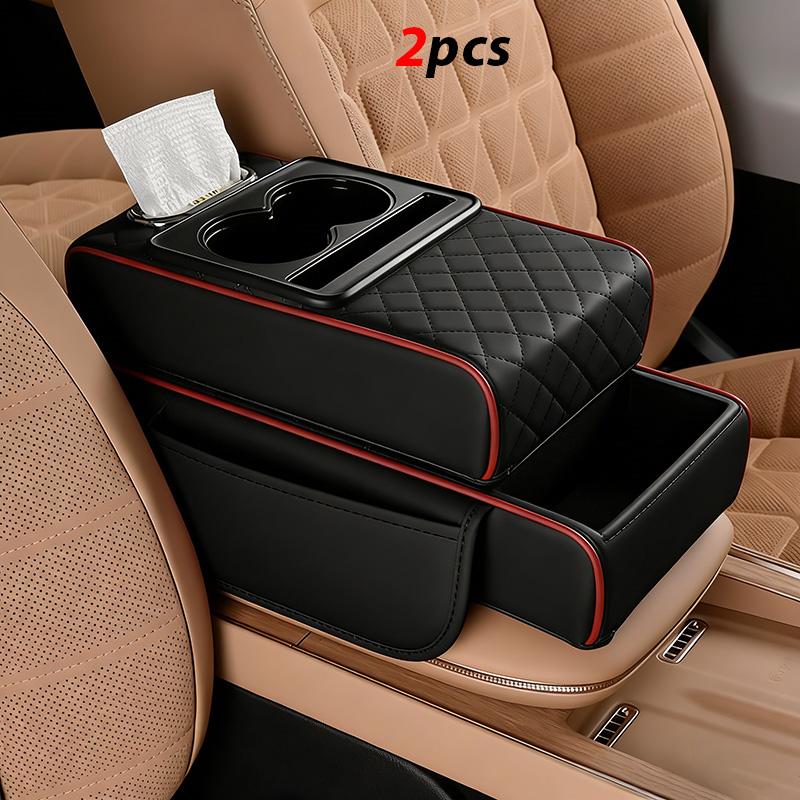 The black and red five-in-one car center console armrest cover comes with built-in dual storage bags, cup holders, tissue holders, and phone holders, providing all-in-one interior storage solutions for your car.