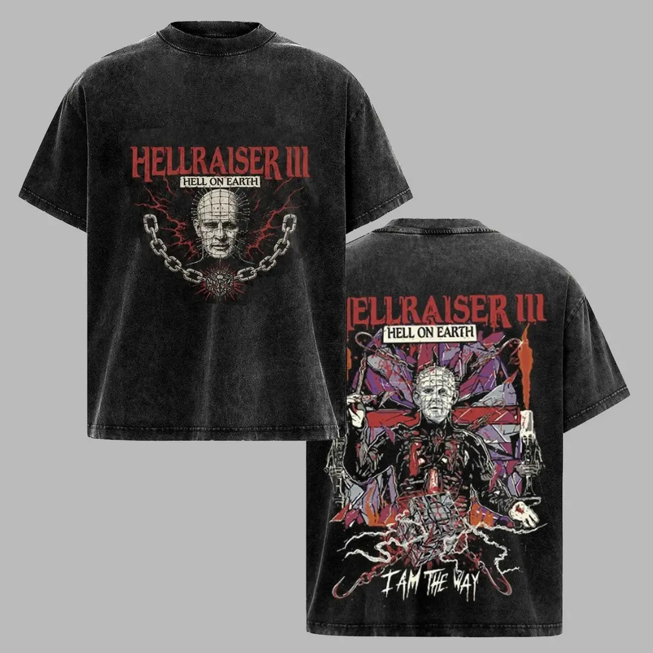 Hellraiser III Hell On Earth Vintage Horror Graphic T-Shirt Hoodie, Pinhead Chain Puzzle Box Washed Black Tee, Retro Scary Movie Shirt, Cult Horror Poster Art, Halloween Streetwear, Unisex Horror Fan Gift AXH