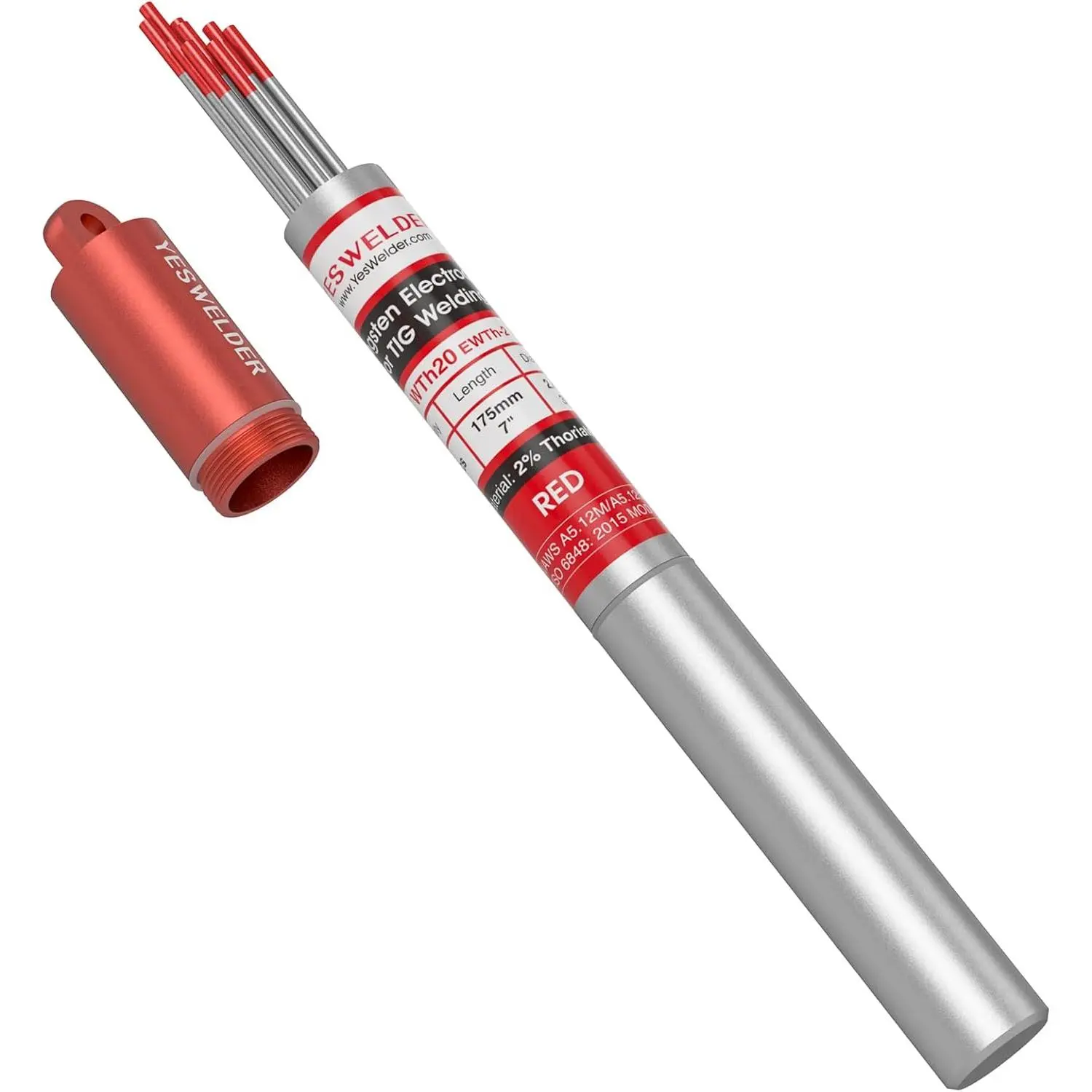 AWS Certified TIG Welding Tungsten Electrode - Red Tip, 3/32"x7", WT20/EWTh-2, 10-Pk Welding Accessories, 75% Argon-25% Helium Compatible, Stable Performance, Reliable Arc Starts, Medium Erosion Rate