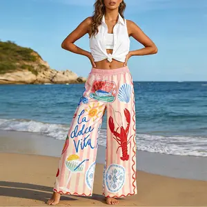Vacation Print Wide-Leg Pants “La Dolce Vita” Lobster Design Women Statement Vibrant Holiday Trousers