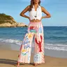 Women's "La Dolce Vita" Printed Lobster Wide-Leg Pants - Elastic Waist Light Polyester Drape Bottoms, Beach Resort Wear Vibrant Statement Trousers for Vacation Halter Top Pairing