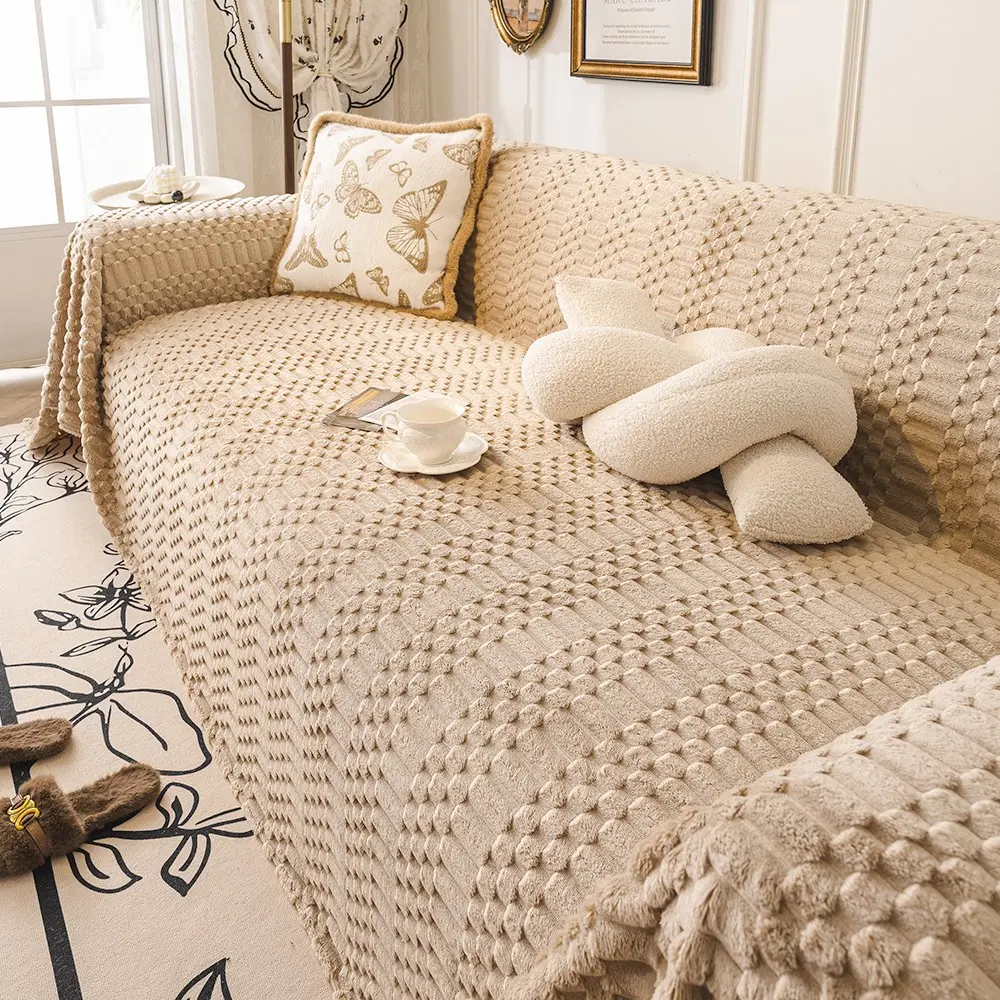 Simple Cream Color Sofa Blanket, Anti-Scratch Durable Pet Friendly Protective Throw, Ideal for Living Room Office Study Decor