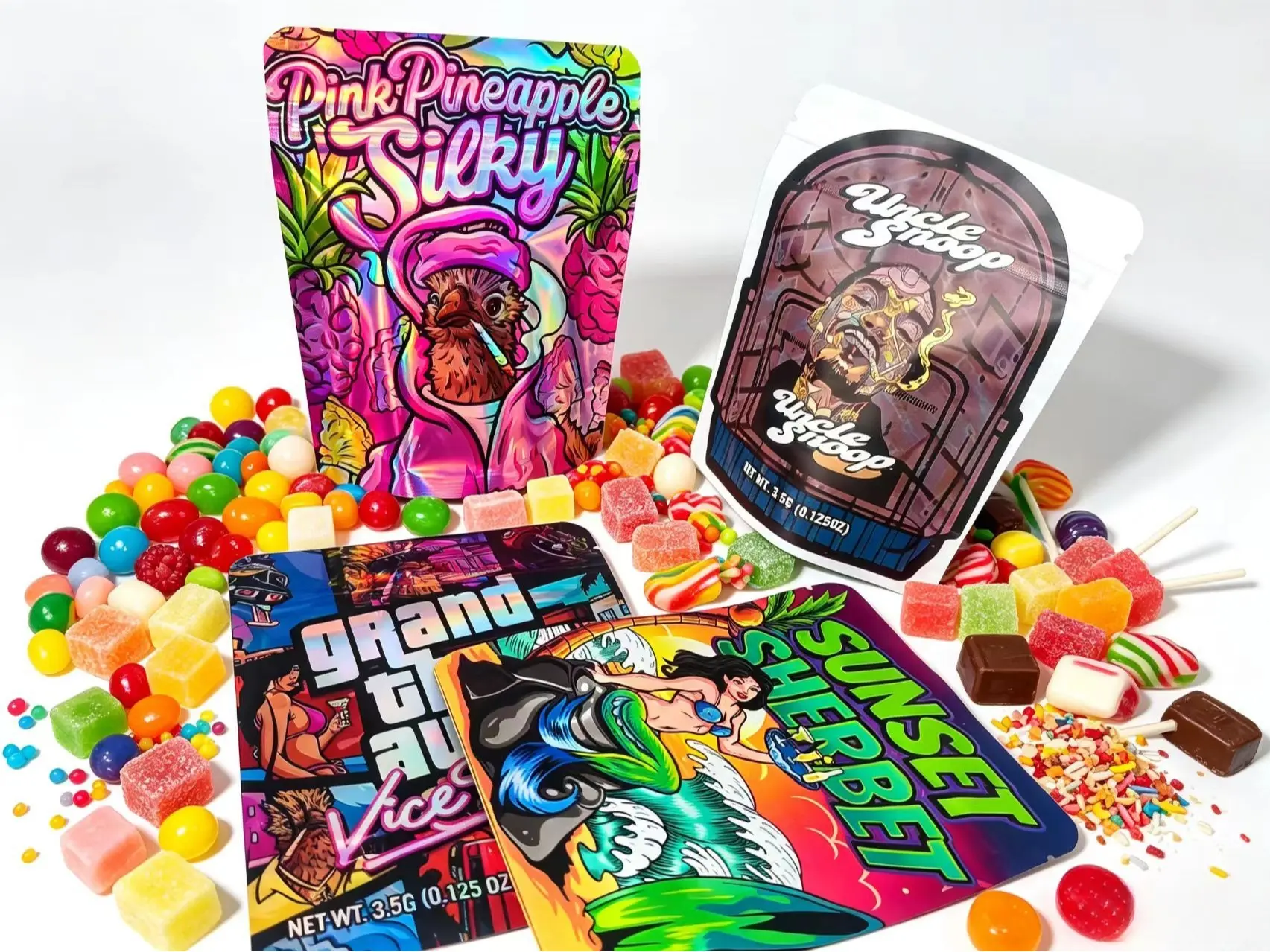 100/200 Count Mixed Designs Holographic Mylar Bags, 3D Laser Printed Graffiti Art Resealable Candy Gift Pouches, Reusable Decorative Wrapping Bags for Snacks, Holiday Gifts & Party Favors