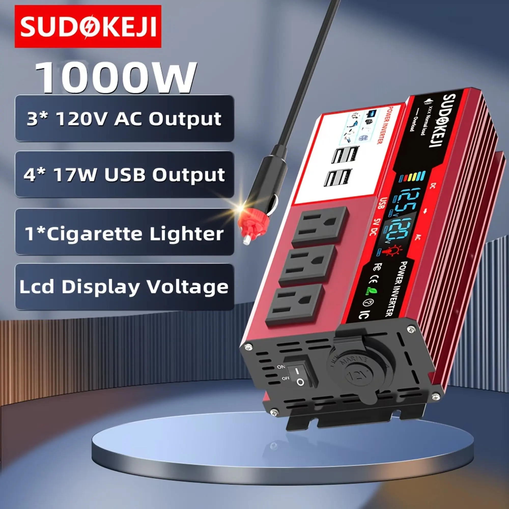 Portable 1000W Power Inverter DC 12V to AC 120V Car Converter with LCD Display, 3 US Outlets & 4 USB Ports, Cigarette Lighter & Battery Clips for Car Camping Home Power Backup