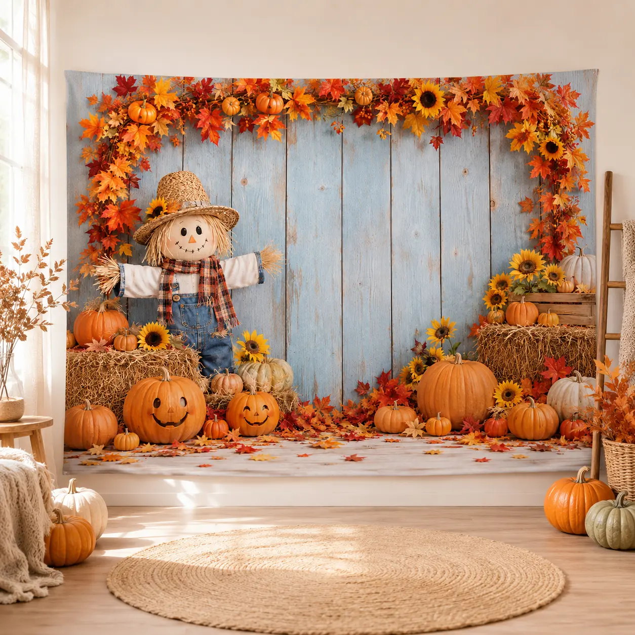 Autumn Harvest Tapestry Backdrop with Pumpkins Leaves and Scarecrow