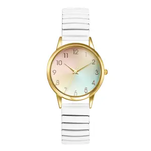 Women's Stretch Band Watches: Easy Read Rainbow Large Dial Analog Quartz Elastic Watch Stainless Steel Expansion Strap Wristwatch