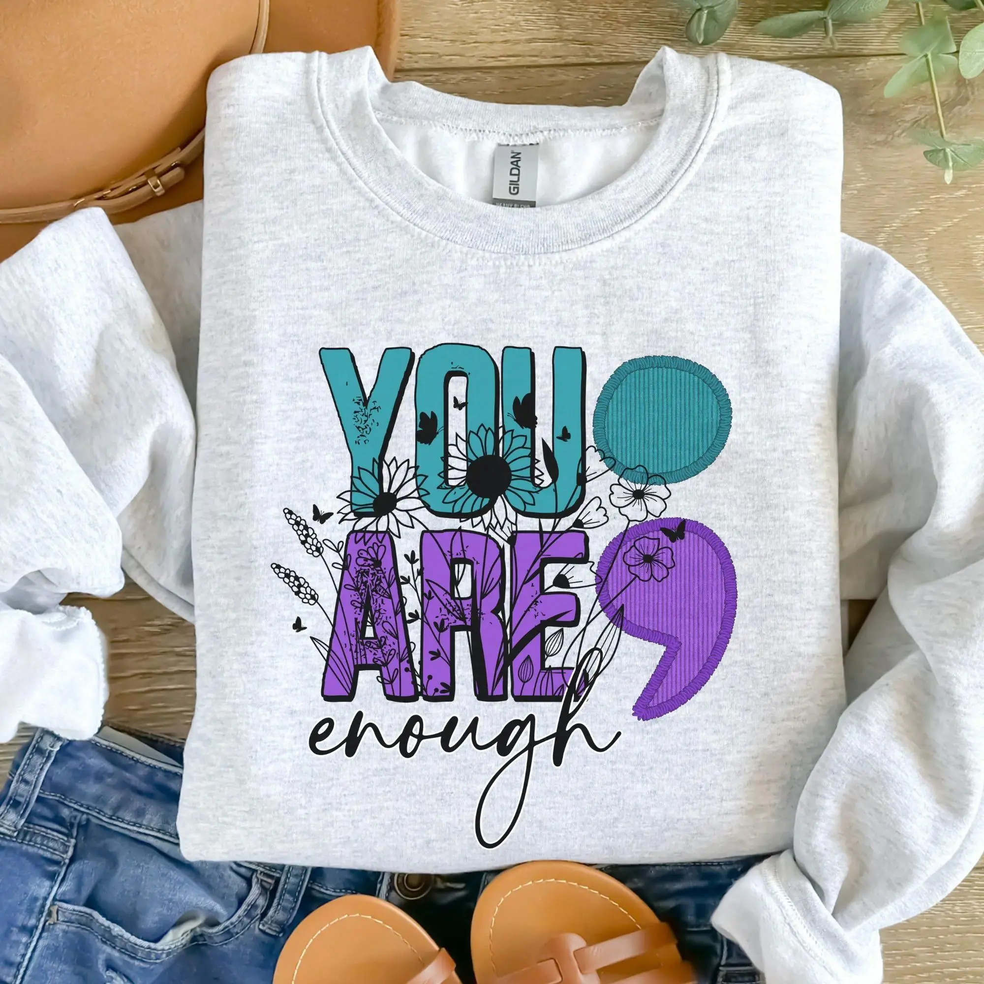 LoomLab OutfittersYou Are Enough Semicolon Graphic Sweatshirt Inspirational Mental Health Awareness Crewneck Floral Butterfly Pullover Casual Unisex Cozy Everyday Wear Encouragement Gift