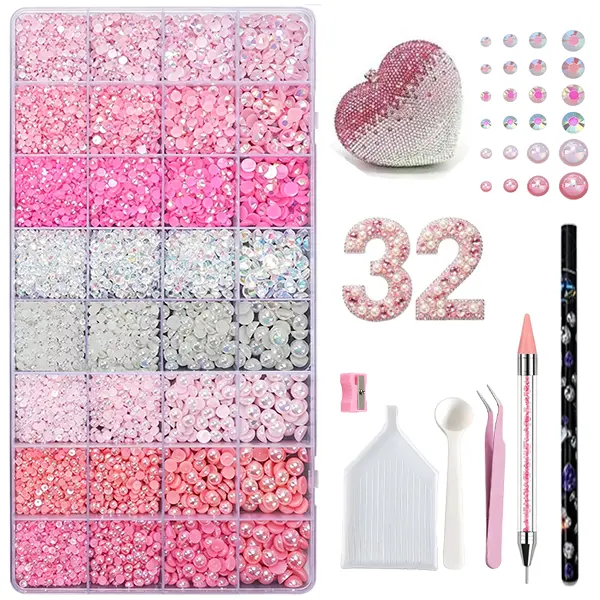 26000Pcs Flatback Pearls & Resin Rhinestones Set, Mixed Sizes Half Round Gemstones, High Shine Bedazzling Gems for Nail Art, Face Makeup, Eye Decor, Bottle, Phone Case,  Shoe & Clothing DIY Crafts