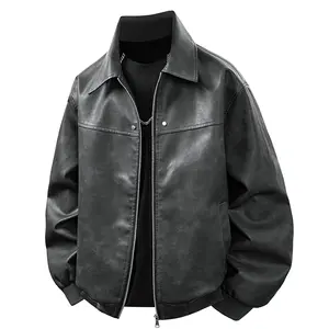 New Simple Casual Loose Men's Leather Jacket with Lapel Zipper Design & Pilot Style for Spring Autumn Casual Wear