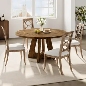 47'' Round Farmhouse Dining Table（No chairs） for 4-6, Mid-Century Wooden Kitchen Table with Wide Tabletop, Cross Base & Adjustable Feet, Circular Pedestal Dinner Table for Kitchen & Home Dining Area