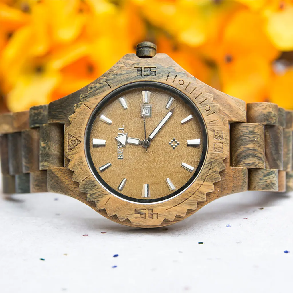 Elegant Personalized Mens Wooden Watch Vera Wood with Date Display