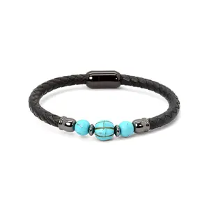 VOGCOME Turquoise Bead Handmade Leather Bracelet for Men Natural Healing Gemstone Bracelet for Meditation Yoga Spiritual Healing & Positive Energy with Metal Coating