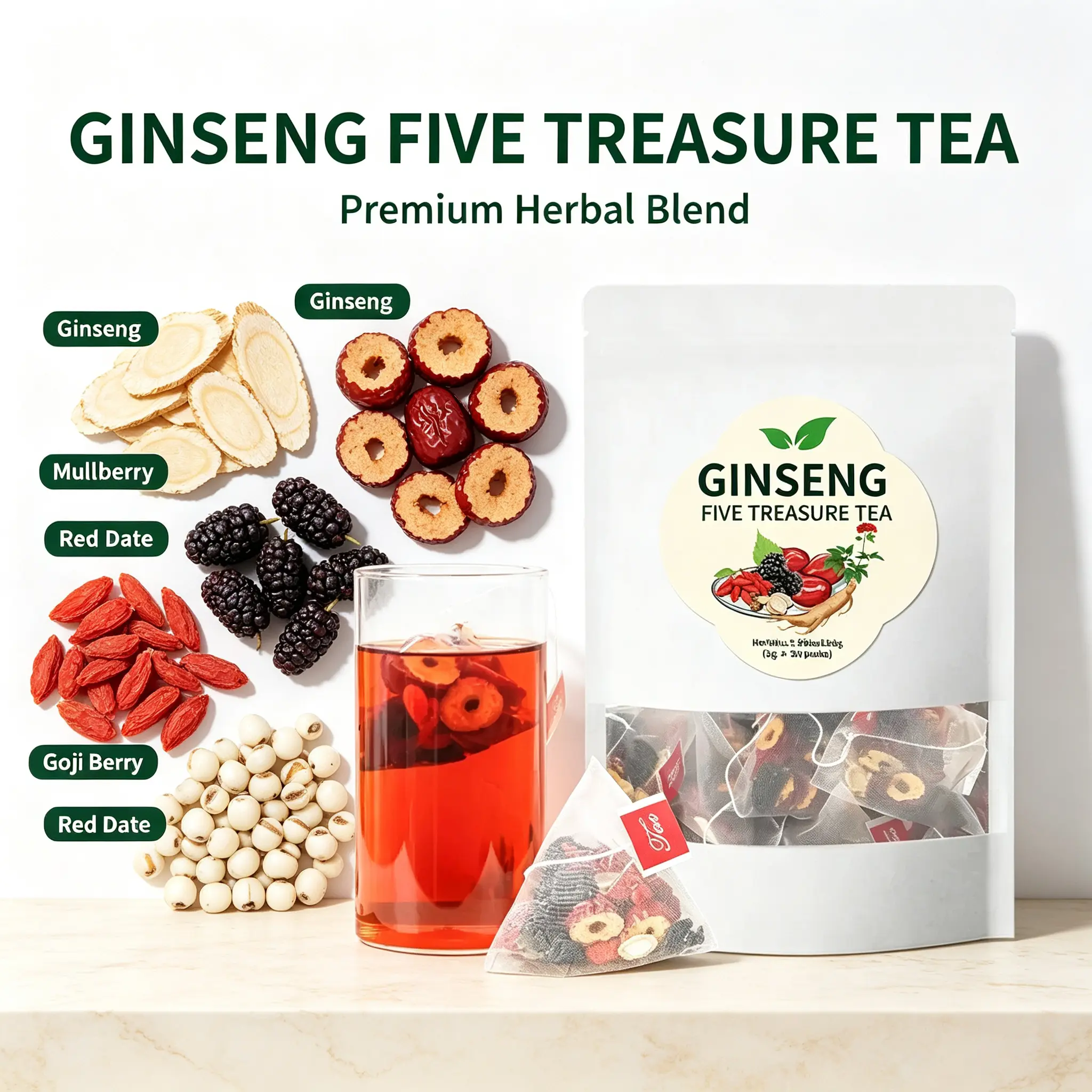 Ginseng Five-Treasure Tea, Natural Herbal Wellness Tea, Mulberry Red Date Wolfberry Herbal Blend Tea Bags, Daily Nourishment Health Herbal Tea