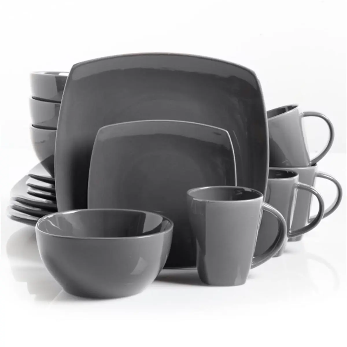 Gibson 16-Piece Square Stoneware Dinner Set - Reactive Glaze Sturdy Casual Modern Everyday Kitchen Tableware, Housewarming Kit for Bachelor's Table