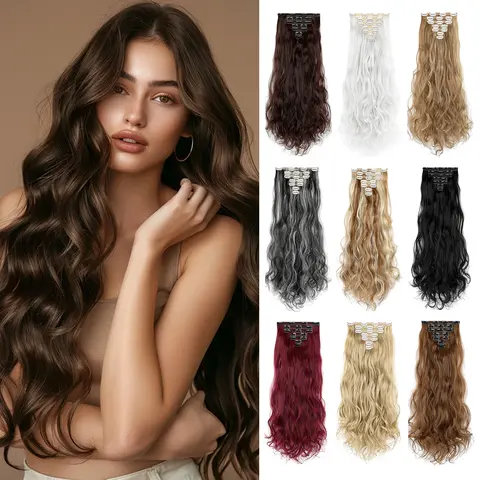 Lansigreen Clip-in Synthetic Soft Hair Extensions - Female 24-in Curly Wave Bleach Blonde Hairpieces, 7-Piece Mix & Match Layers, 190g Long Voluminous Set for Wedding, Casual Occasions