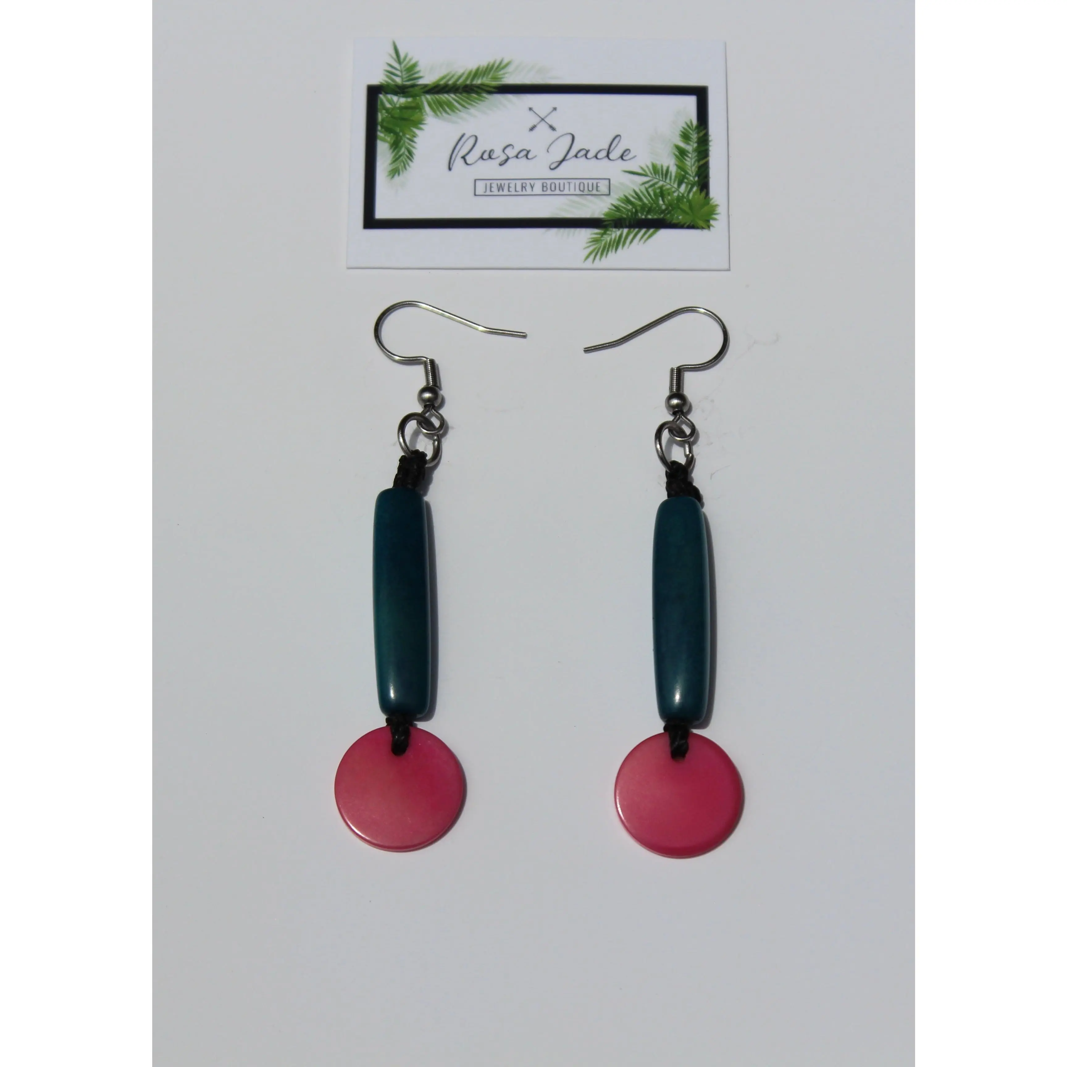 Turquoise Pink Tagua Nut Dangle Earrings