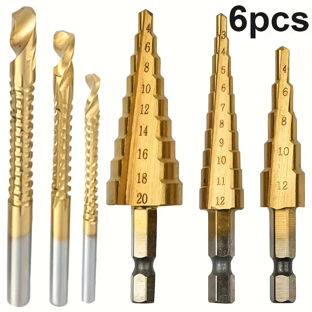 6-Piece Step Drill Bit Set, Titanium Chrome Coated Cast Iron Cutters - 4-20mm, 4-12mm, 3-12mm, 3/6/8mm Sizes, for Woodworking & Metal Core Drilling, Universal Hex Shank, High-Speed Steel, Drill Bits Set Tool
