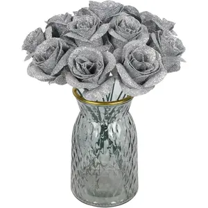 30PCS Silver Artificial Glitter Silk Roses for DIY Crafts Wedding Party Home Decor Aesthetic Decor