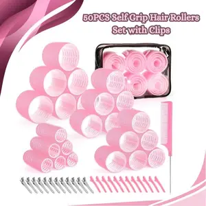 50PCS Self Grip Hair Rollers Set with Clips – 4 Sizes (25mm, 36mm, 48mm, 60mm) Volumizing Curlers for Long Hair, Short Hair & Bangs, Pink