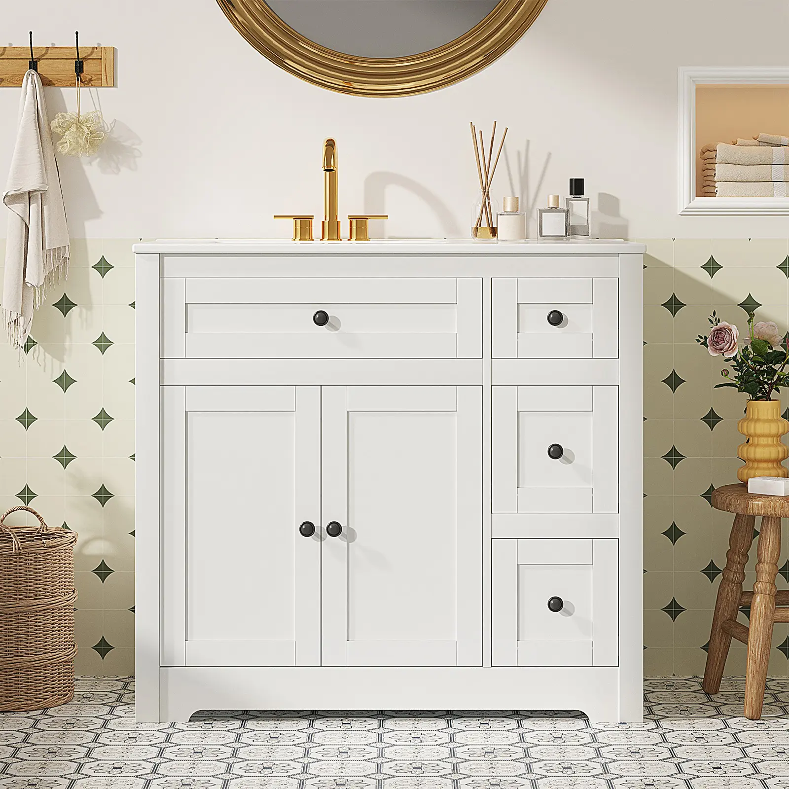 Bathroom Vanity with Ceramic Sink, Bathroom Sink Cabinet Combo, Restroom Basin Cabinet with Doors, Modern Lavatory Laundry Room Freestanding Organizer w/4-Tier-Hidden Storage Bathroom Vanity with Ceramic Sink, Bathroom Sink Cabinet Combo, Restroom Basin Cabinet with Doors, Modern Lavatory Laundry Room Freestanding Organizer w/4-Tier-Hidden Storage
