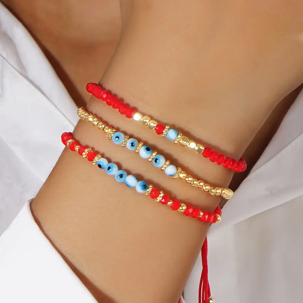 Unisex Sporty Evil Eye Friendship Bracelet, Gold-Plated Adjustable Band with Red Crystal Beads, Summer Gift for Friends, Youth, Sporty Sports Wristbands